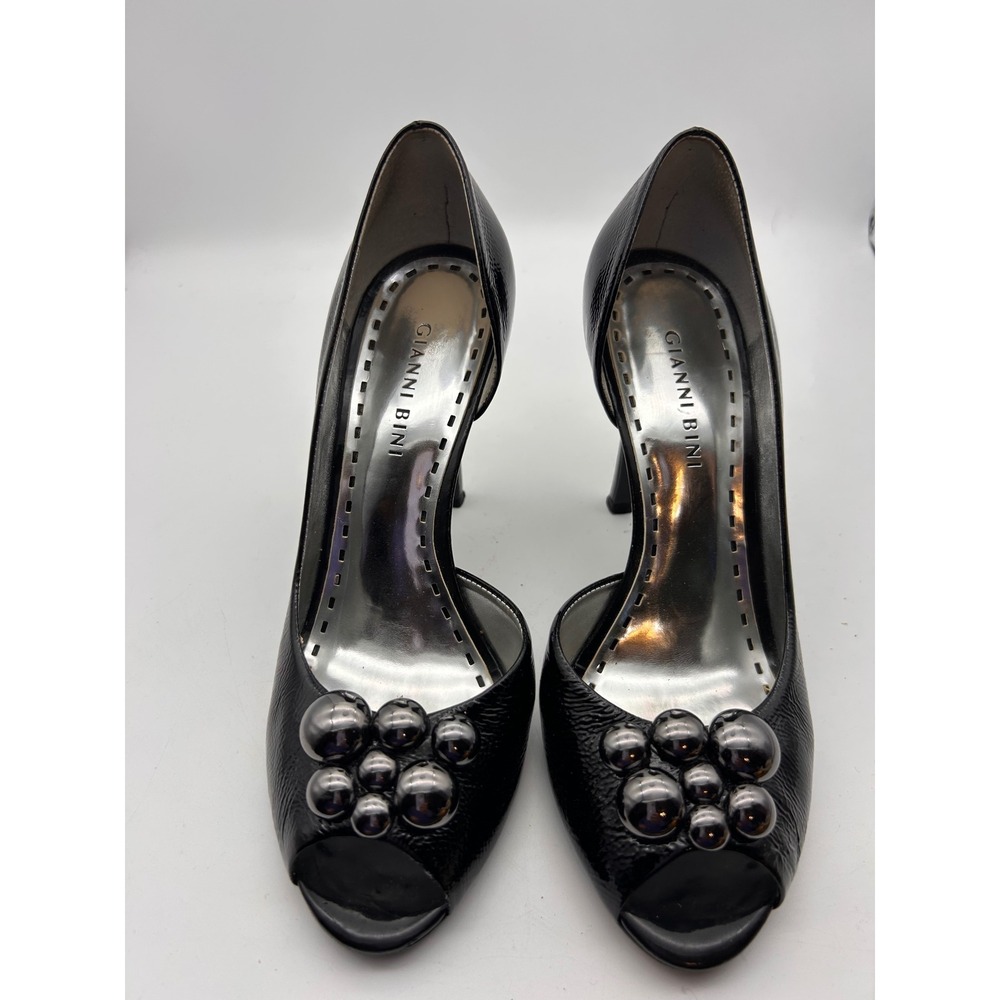 Gianni Bini Black Patent Leather Peep Toe D'Orsay Heels Metallic Bead Accent 7M